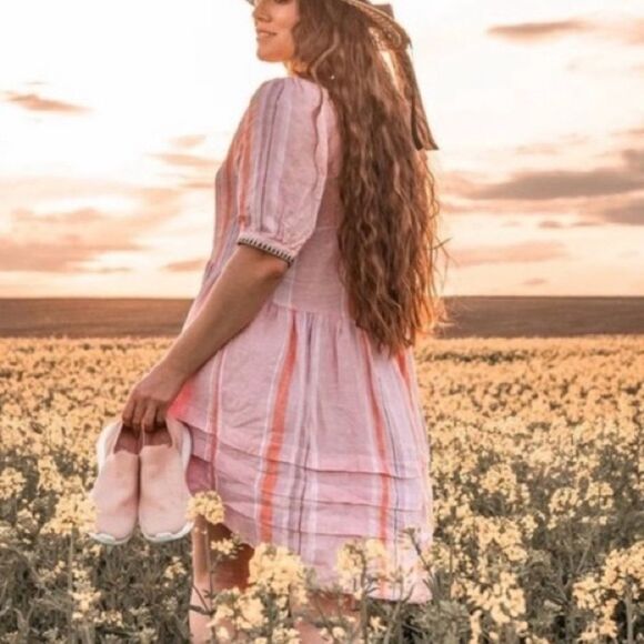 Lemlem X H&M Pink Linen Stripe Mini Short Dress Women's Size S - Picture 2 of 12